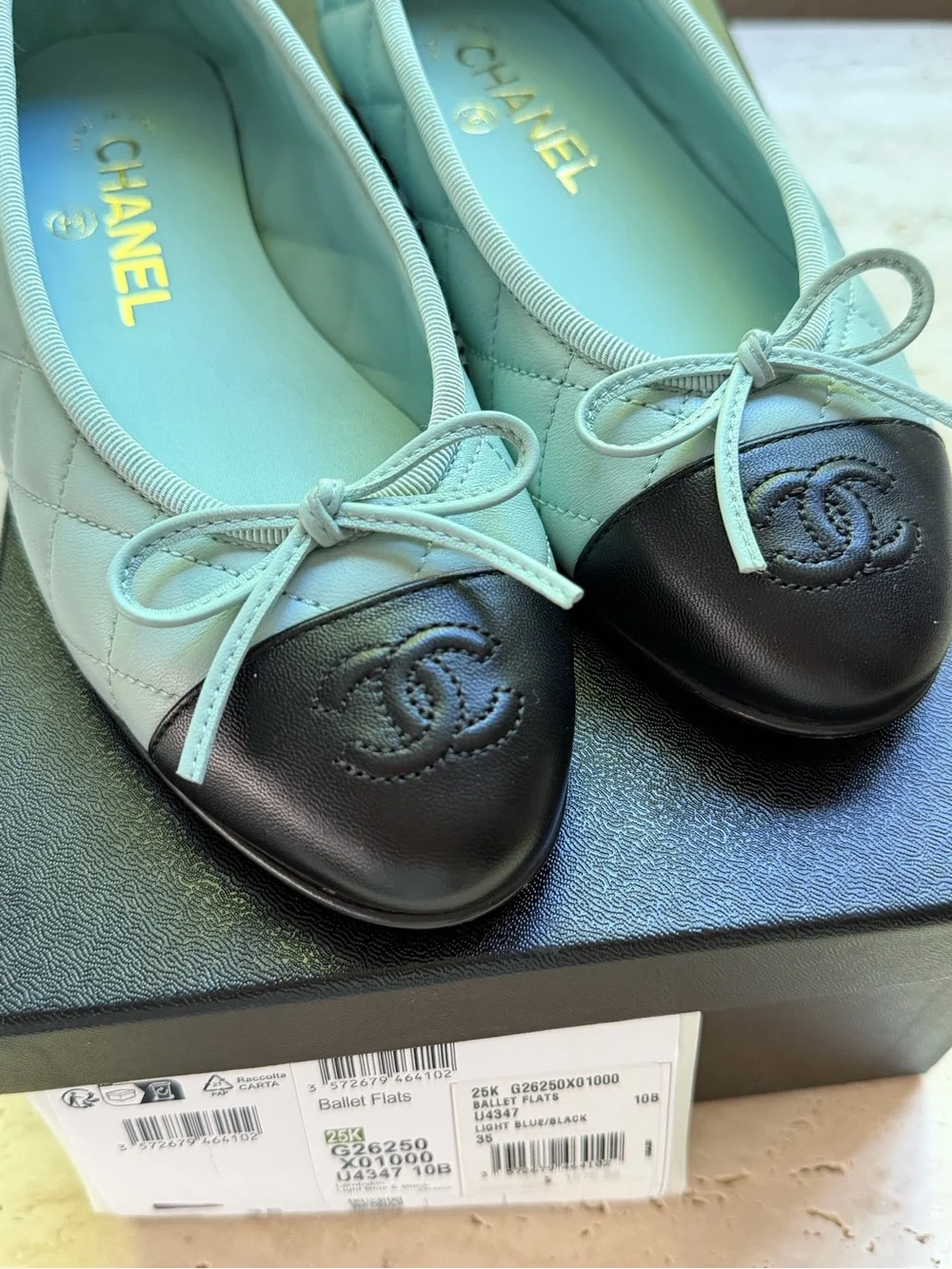 CHANEL Two-Tone Blue and Black Ballerina Flats